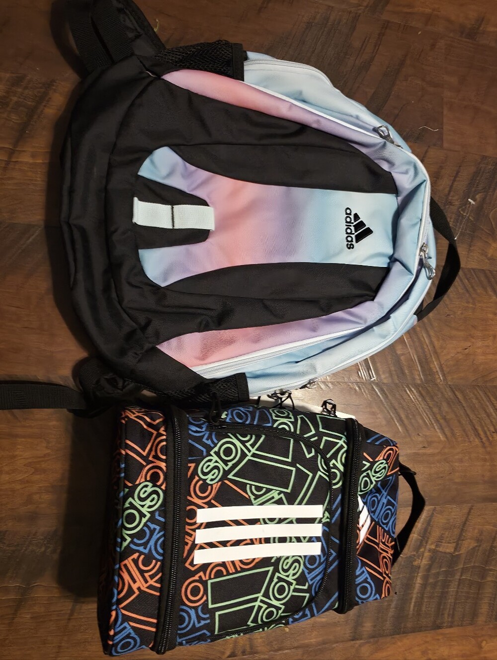adidas Black Backpack with Pastel Pink and Light Blue Panels And Lunch Bag
